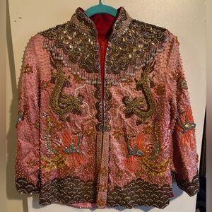 Vintage Hand Beaded Dragon Phoenix Jacket Pink Satin Mandarin Collar Embroidered